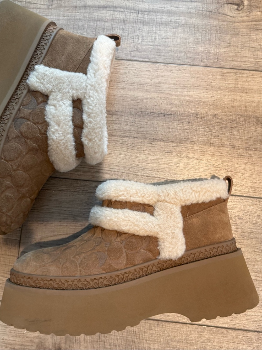 COACH Tan Suede Platform Shearling Ankle Boots